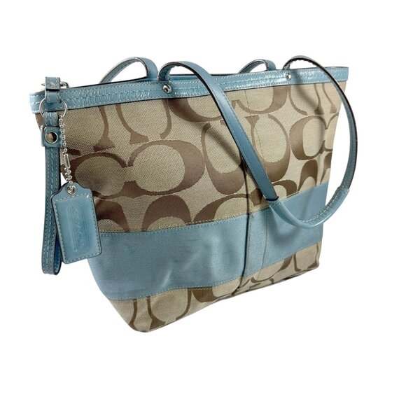 Coach Signature Stripe Purse Tote Shoulder Bag Khaki & Powder Blue F13548 - Picture 1 of 10